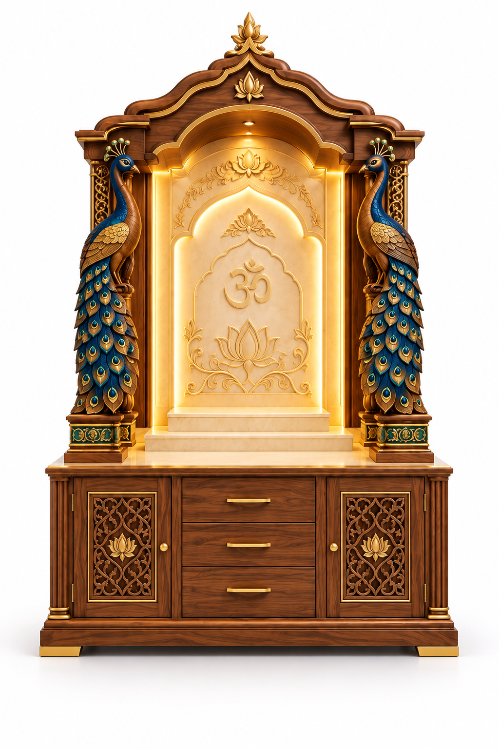 Grand Peacock Carved Wooden Hindu Temple Cabinet for Homes - Image 2