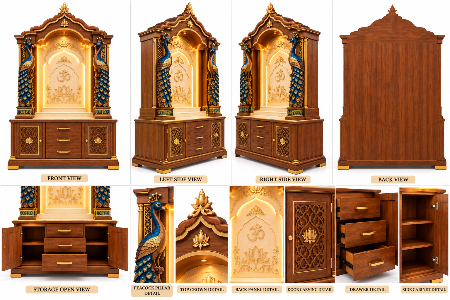 Grand Peacock Carved Wooden Hindu Temple Cabinet for Homes - Image 6