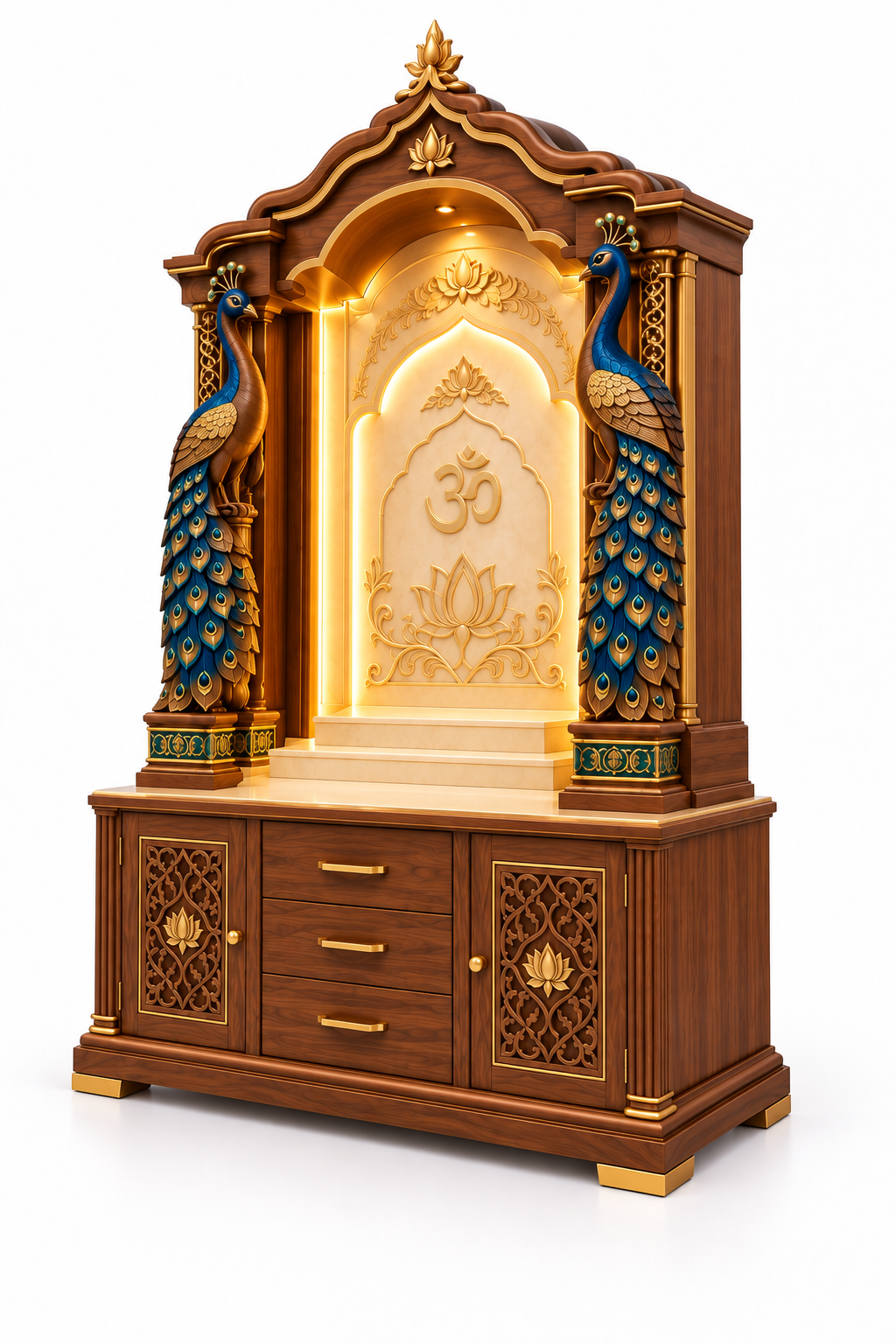 Grand Peacock Carved Wooden Hindu Temple Cabinet for Homes - Image 3