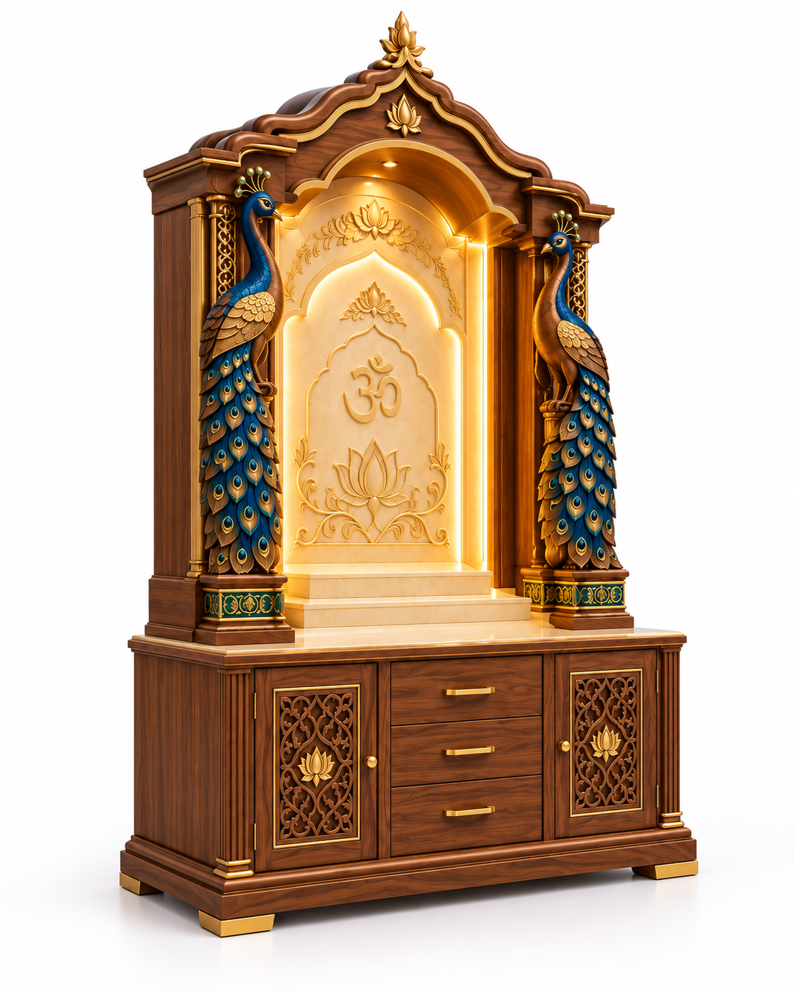 Grand Peacock Carved Wooden Hindu Temple Cabinet for Homes - Image 4