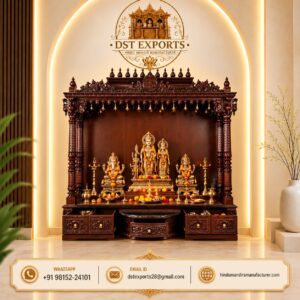 Dark Walnut Wood Home Mandir for Large Pooja Rooms