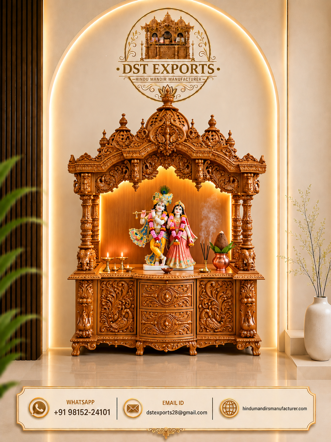 Divine Devghar Teak Wood Mandir with Storage Cabinets For Home
