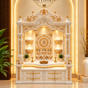 Divine White and Gold Hand-Carved Teak Wood Temple