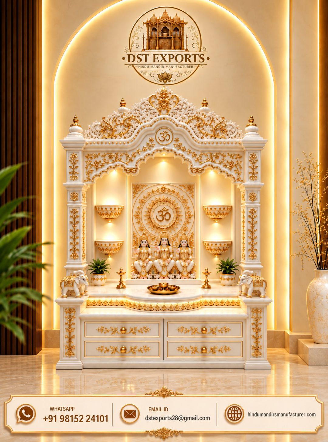 Divine White and Gold Hand-Carved Teak Wood Temple