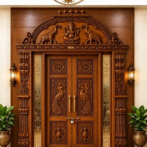 Grand South Indian Style Teak Wood Pooja Room Door