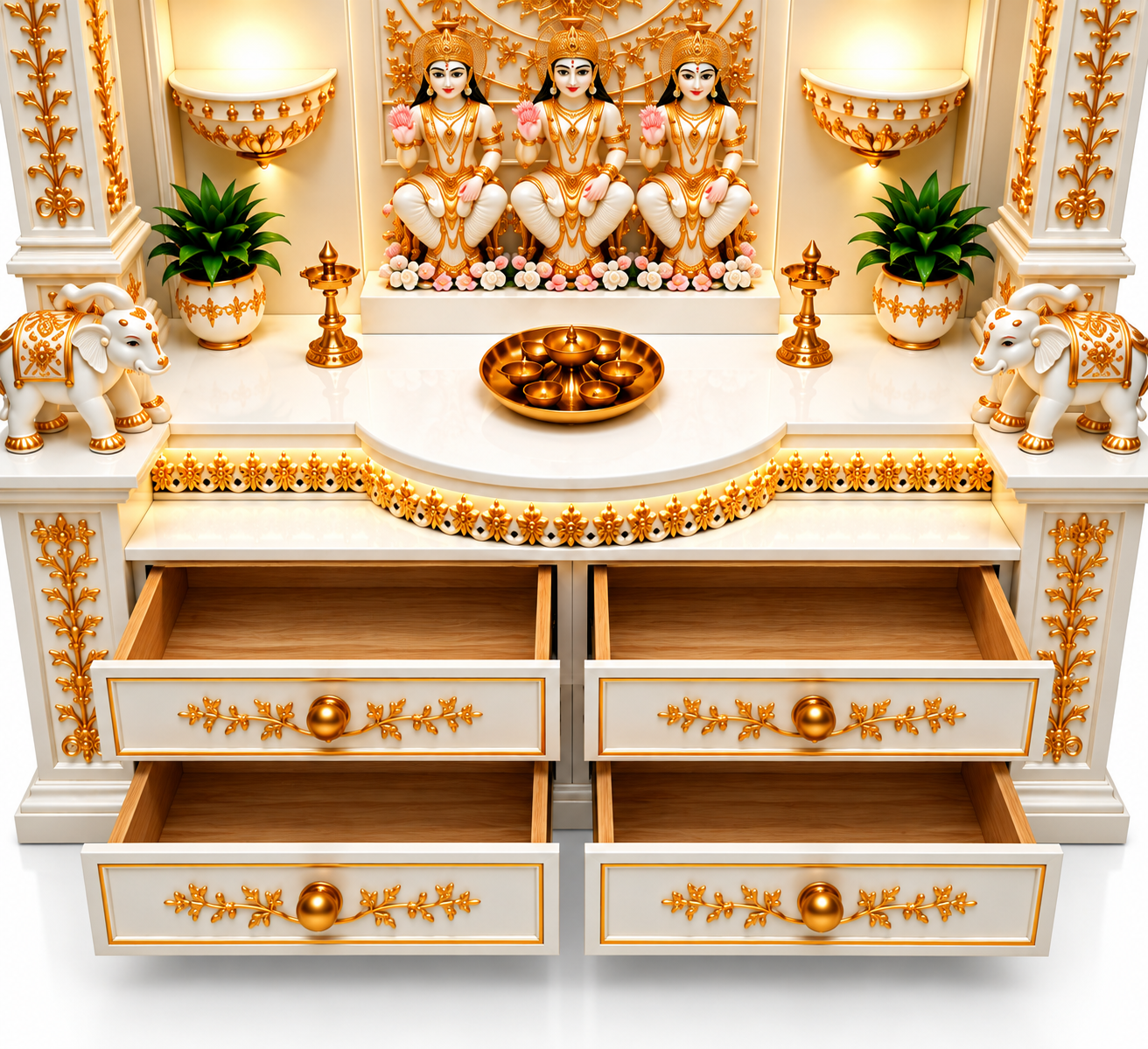 Divine White & Gold Hand-Carved Teak Wood Temple - Image 6