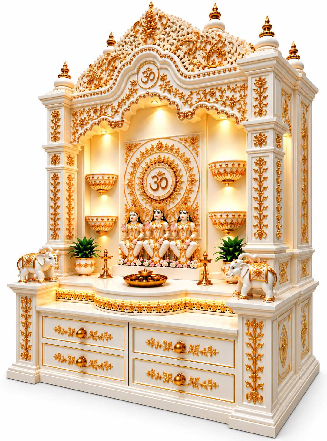 Divine White & Gold Hand-Carved Teak Wood Temple - Image 4