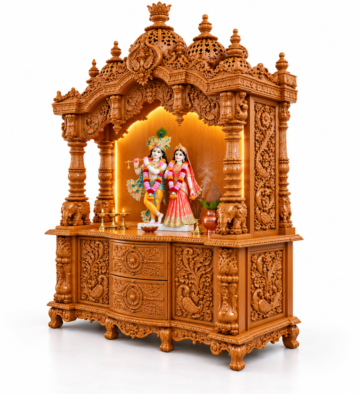 Divine Devghar Teak Wood Mandir with Storage Cabinets For Home - Image 4