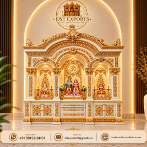Ornate White & Gold Hand-Carved Wood Pooja Mandir for Home