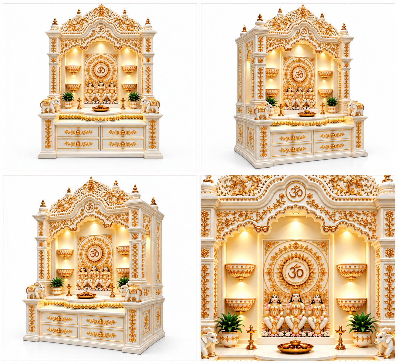Divine White & Gold Hand-Carved Teak Wood Temple - Image 5