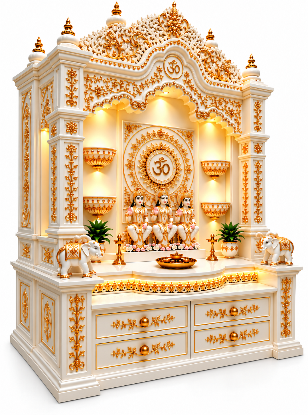 Divine White & Gold Hand-Carved Teak Wood Temple - Image 3