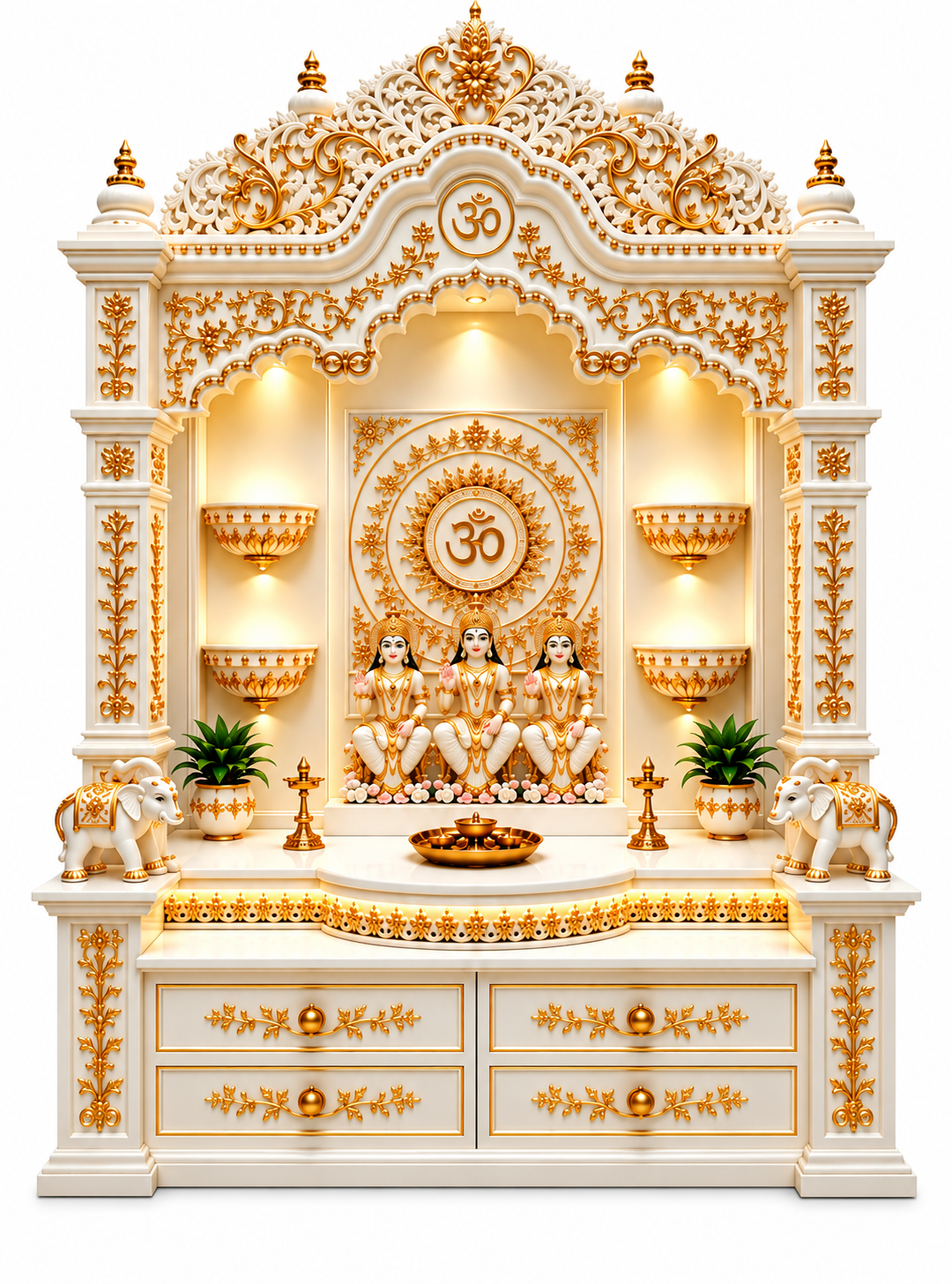 Divine White & Gold Hand-Carved Teak Wood Temple - Image 2