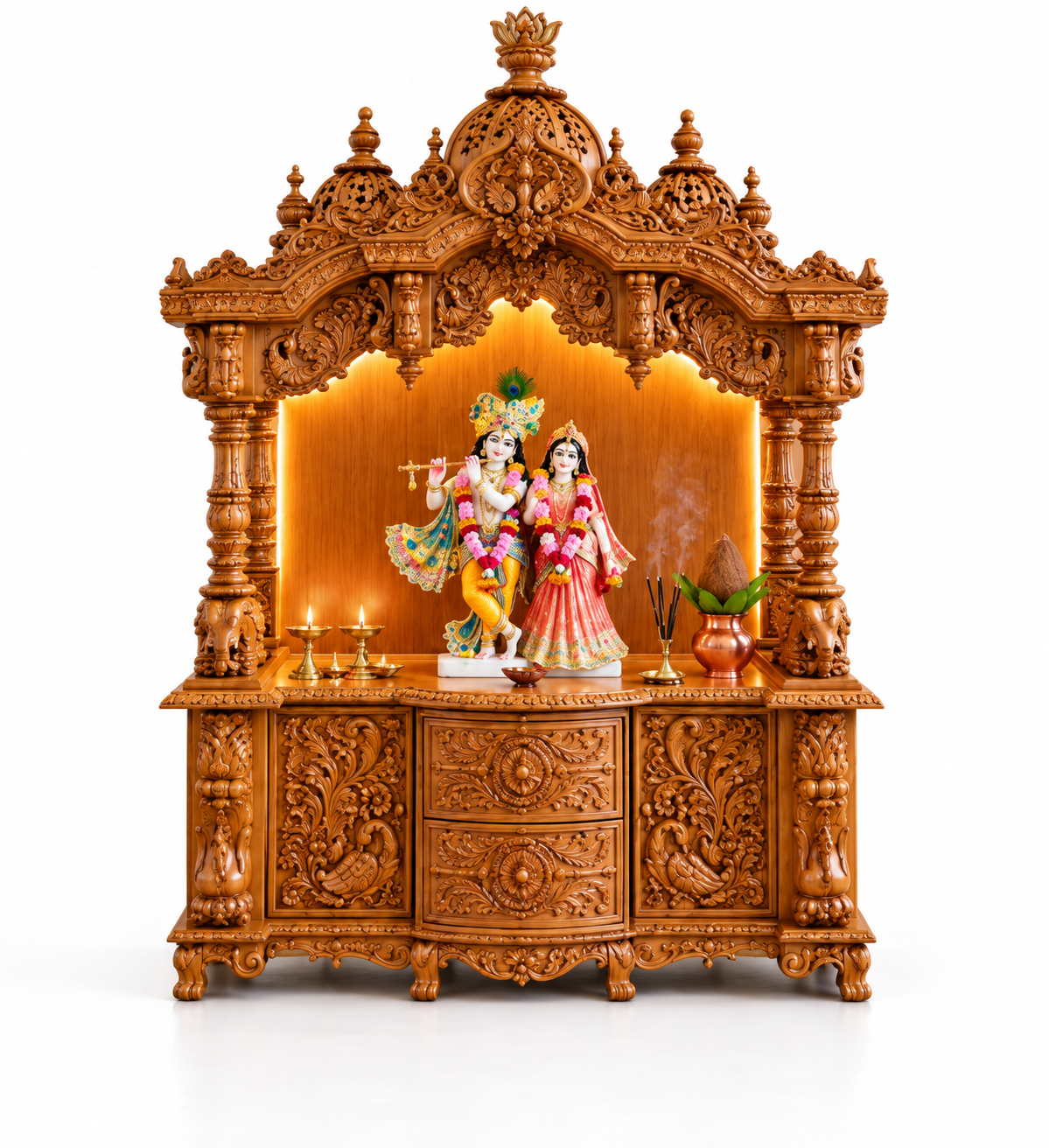 Divine Devghar Teak Wood Mandir with Storage Cabinets For Home - Image 2