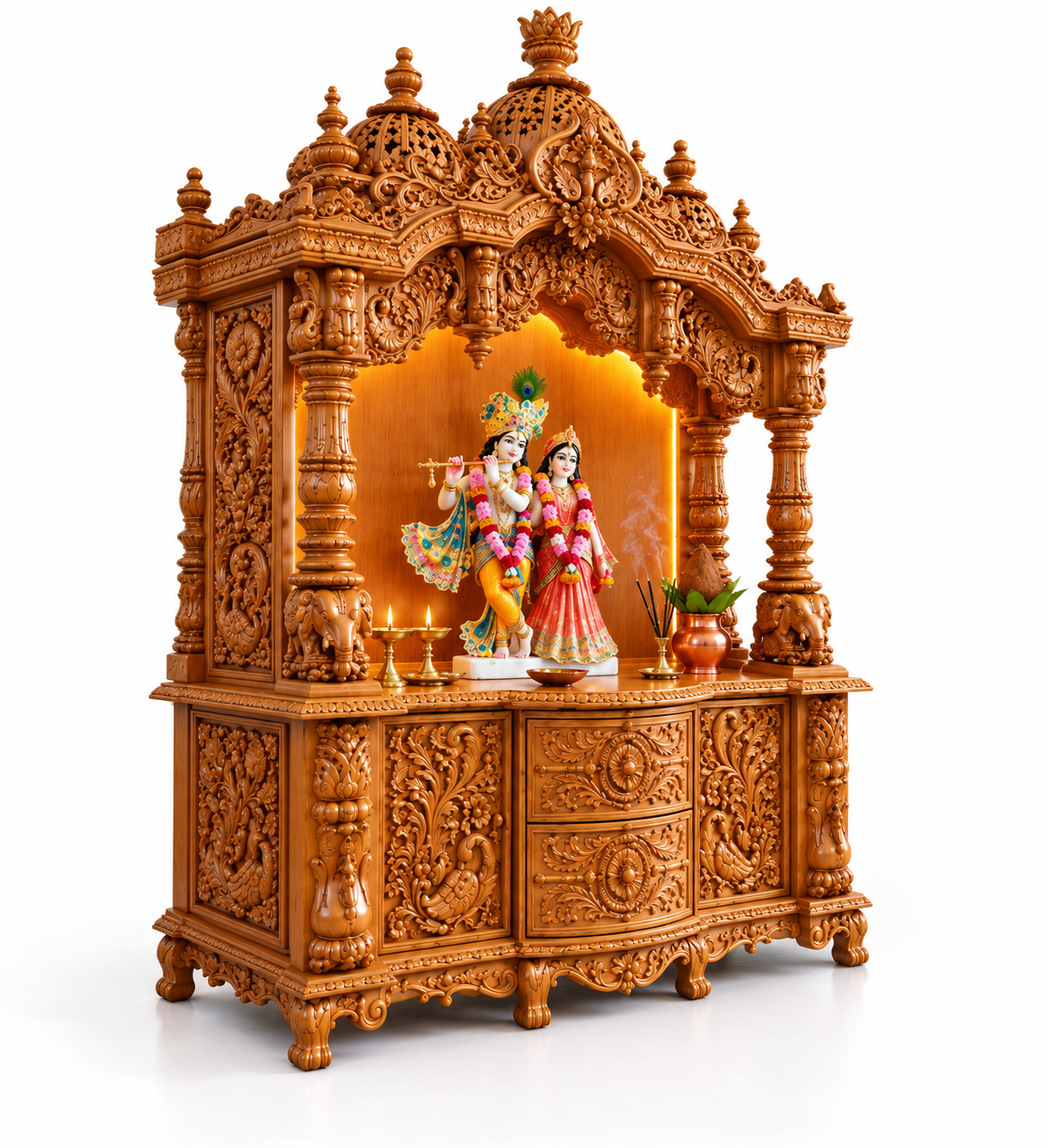 Divine Devghar Teak Wood Mandir with Storage Cabinets For Home - Image 3