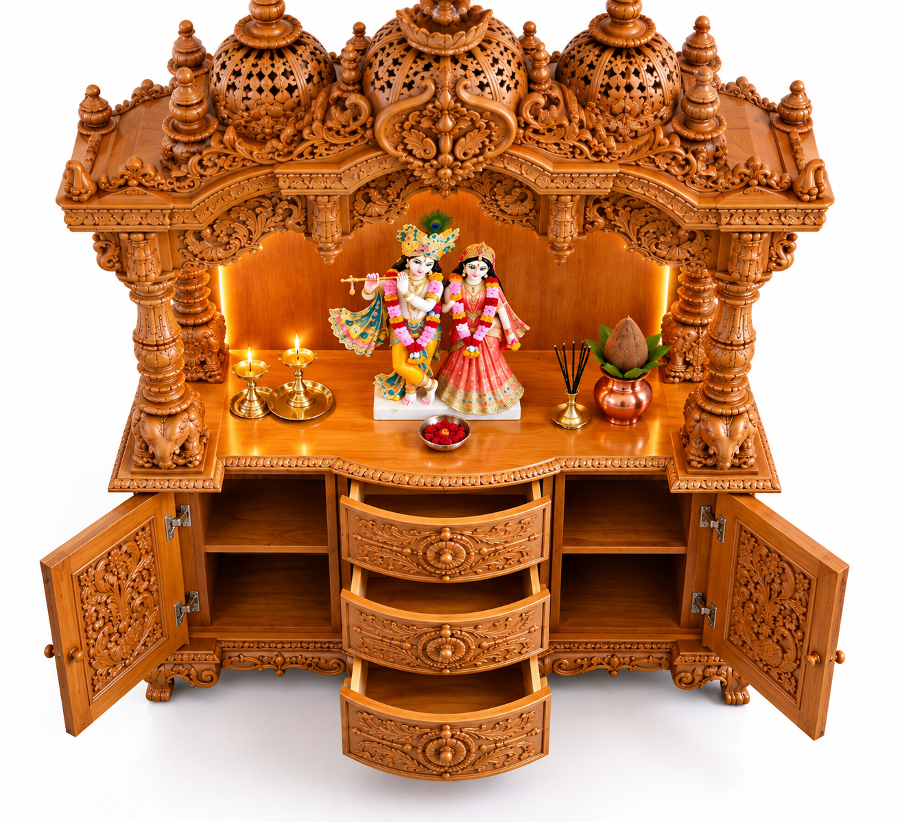 Divine Devghar Teak Wood Mandir with Storage Cabinets For Home - Image 5
