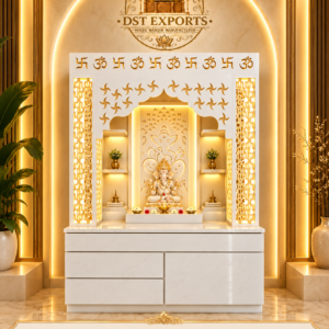 White Marble Look Teak Wood Ganesha Pooja Temple